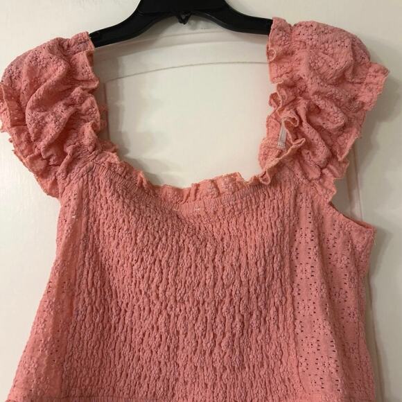 Pol Pink Embroidered Ruffle Cap Sleeve Smocked Cropped Top Large Coquette - Picture 6 of 11